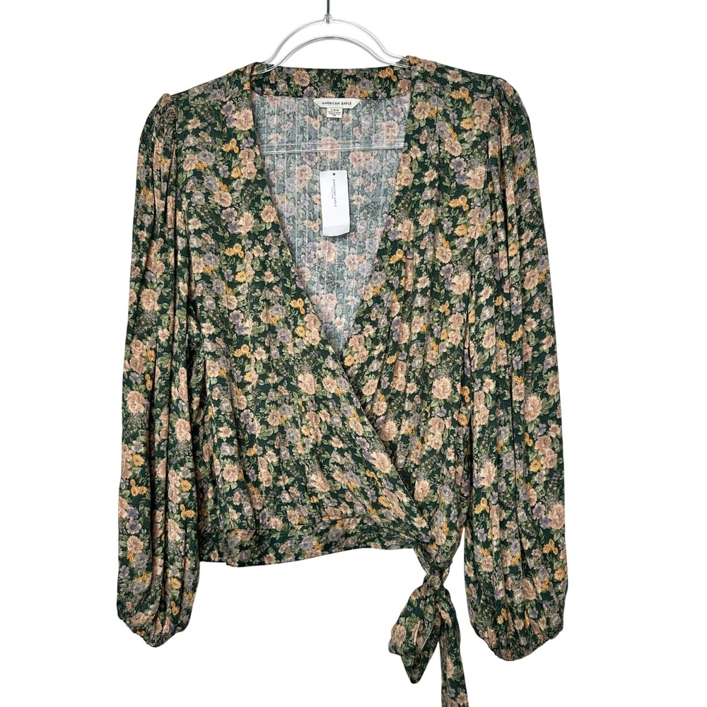 American Eagle Faux Wrap Top Size L Green Floral Long Sleeve Cropped Tie Waist